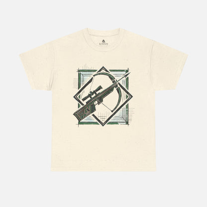 Natural Color Geometric Crossbow T-Shirt displayed flat on a white background, highlighting its modern archery-inspired design.