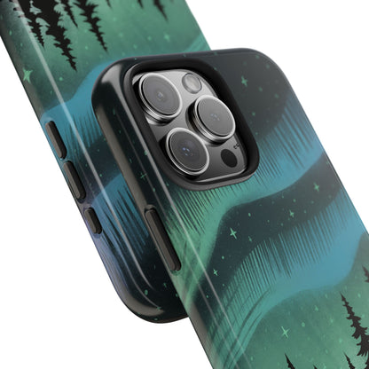 Northern Lights Pine Tree Phone Case with forest silhouette and colorful aurora sky design on durable case up close with angle view.