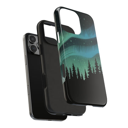 Northern Lights Pine Tree Phone Case shown in exploded view, revealing rugged dual-layer protection