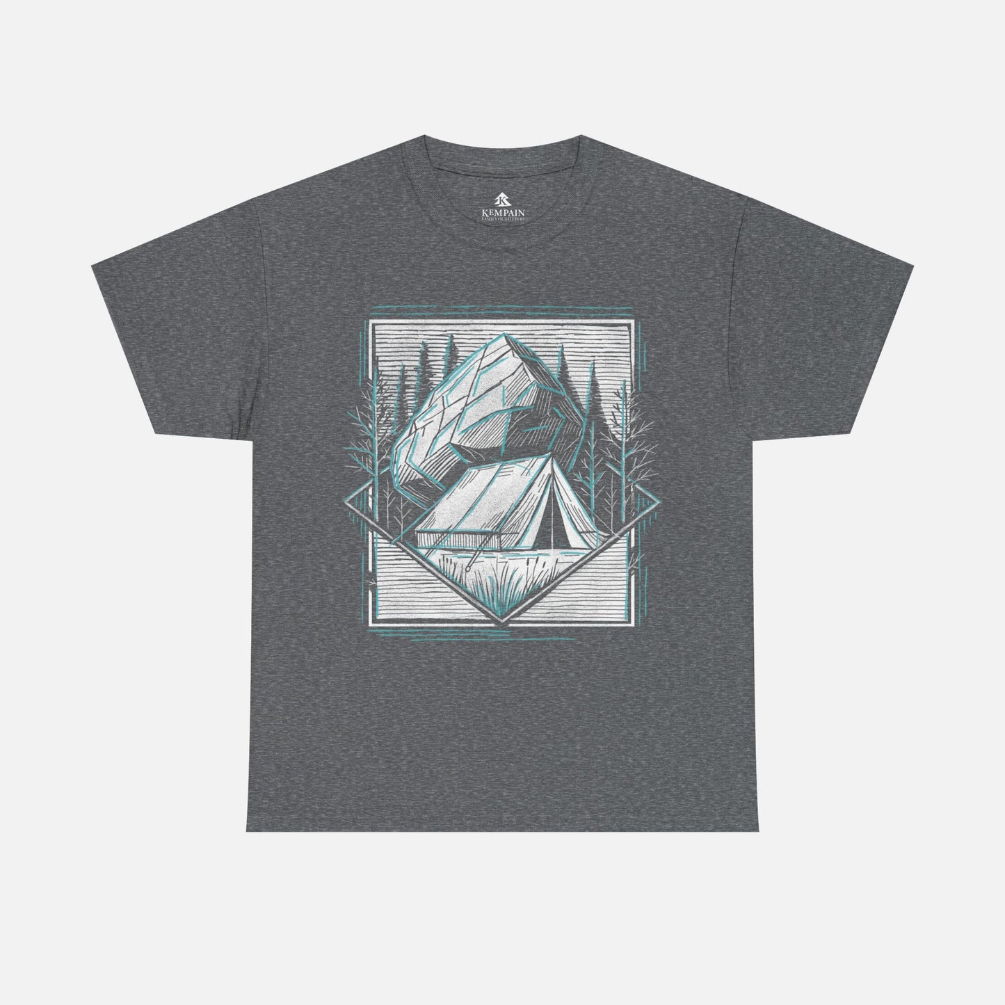 Heather Grey Off-the-Grid Camping T-Shirt displayed flat on a white background, showcasing an outdoor-inspired tent and nature design.