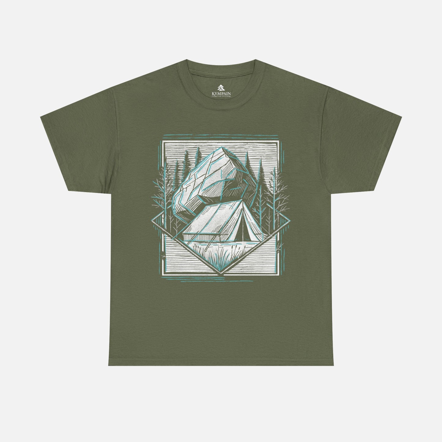 Military Green Off-the-Grid Camping T-Shirt displayed flat on a white background, showcasing an outdoor-inspired tent and nature design.