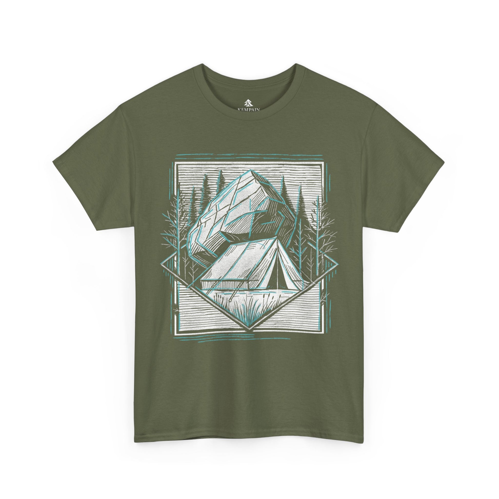 Military Green Off-the-Grid Camping T-Shirt displayed flat on a white background, showcasing an outdoor-inspired tent and nature design, available in sizes Small through 5XL.