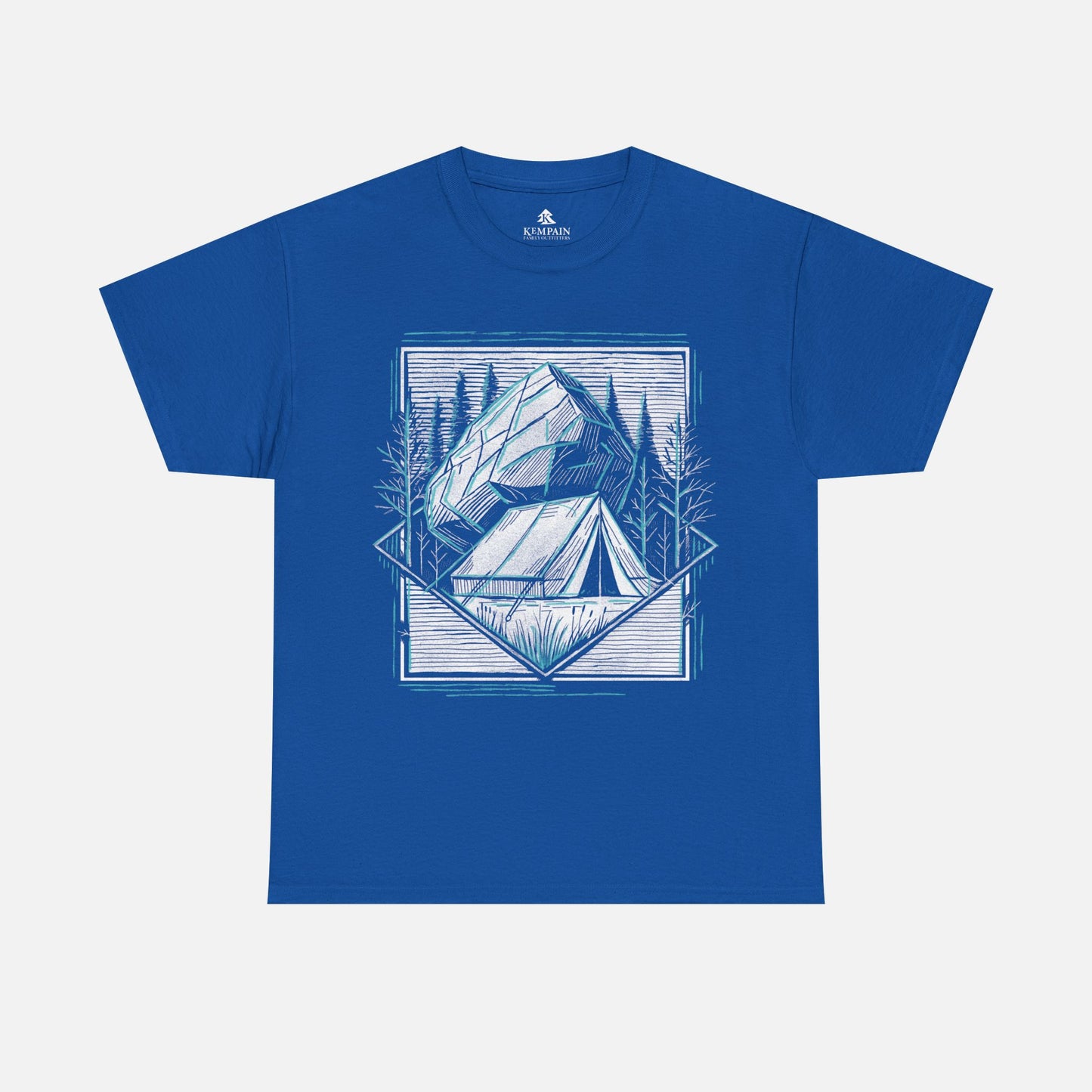 Royal Blue Off-the-Grid Camping T-Shirt displayed flat on a white background, showcasing an outdoor-inspired tent and nature design.