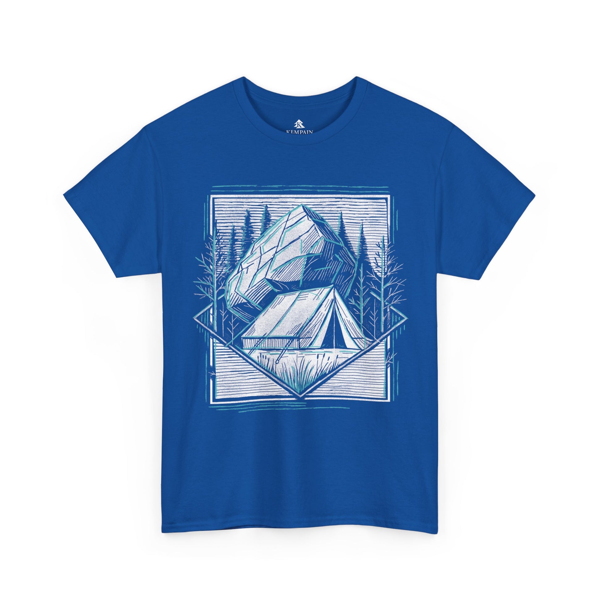 Royal Blue Off-the-Grid Camping T-Shirt displayed flat on a white background, showcasing an outdoor-inspired tent and nature design, available in sizes Small through 5XL.