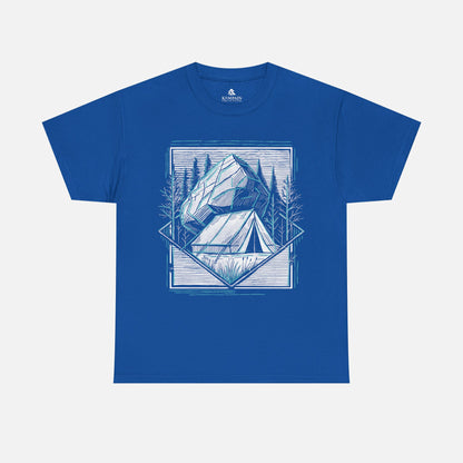 Royal Blue Off-the-Grid Camping T-Shirt displayed flat on a white background, showcasing an outdoor-inspired tent and nature design.
