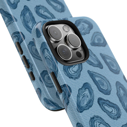 Angled close-up of Oyster Shell Phone Case, highlighting the elegant oyster shell artwork and high-gloss UV-protected finish.