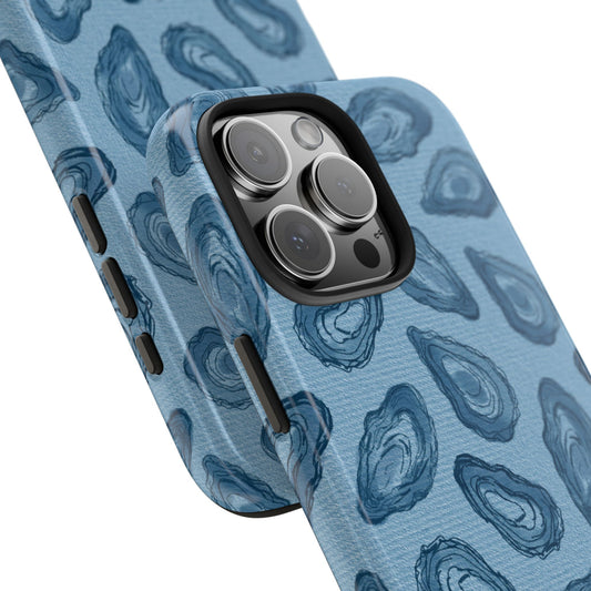 Angled close-up of Oyster Shell Phone Case, highlighting the elegant oyster shell artwork and high-gloss UV-protected finish.