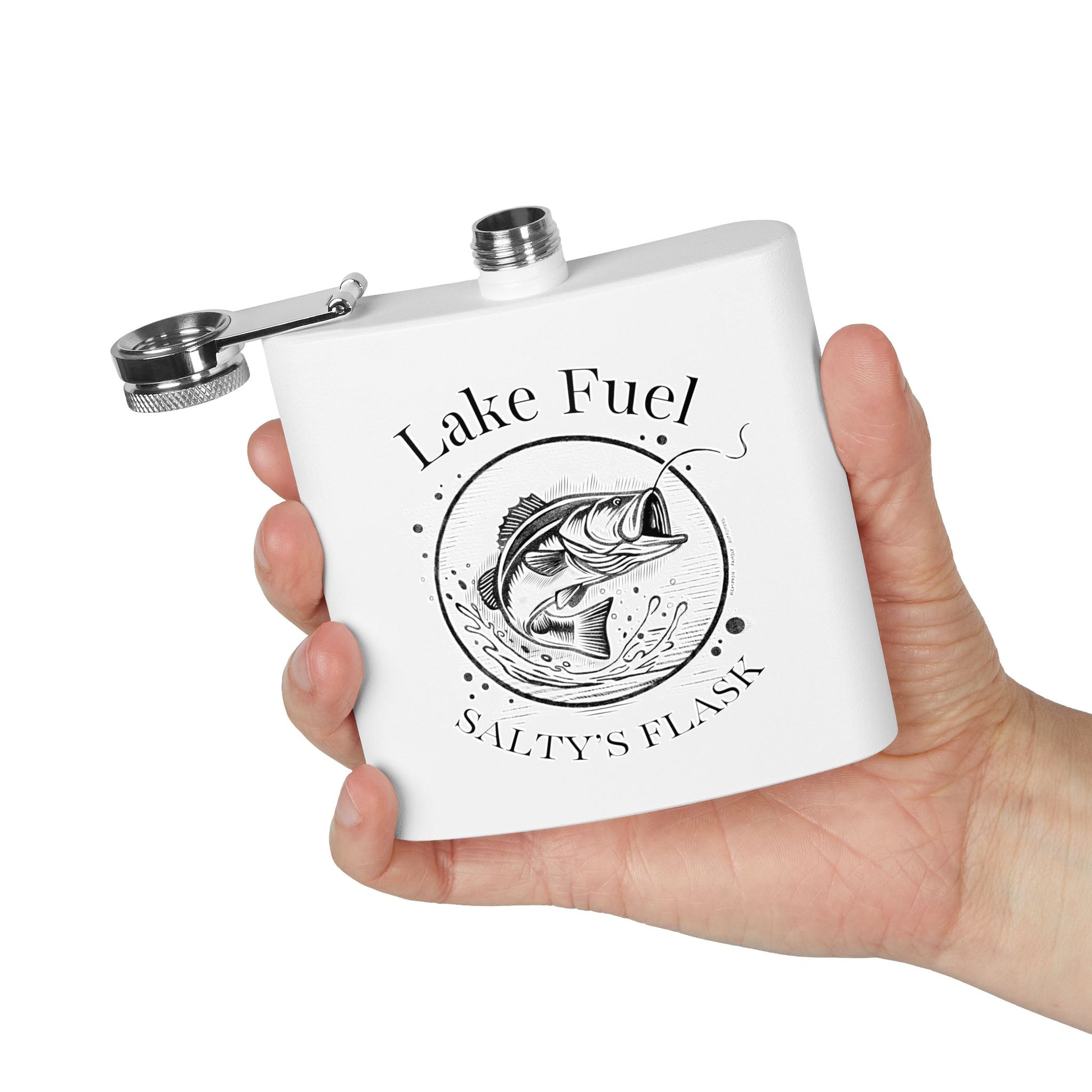 White flask with 'Lake Fuel Salty's Flask' text and fish design held in a hand against a white background