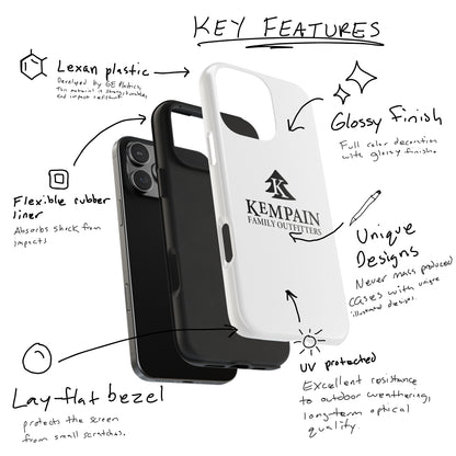 An image illustrating the key features of Kempain Family Outfitters phone cases including Lexan plastic, glossy finish, flexible rubber liner, lay-flat bezel, UV protection, and never mass produced unique designs with artwork exclusive to Kempain Outfitters.