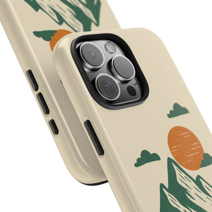 Pine & Mountain Sunrise Phone Case with scenic pine tree, mountain, and rising sun design on cream background close up.