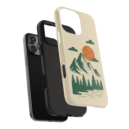 Pine & Mountain Sunrise Phone Case exploded view featuring dual-layer protection with soft liner and tough shell.