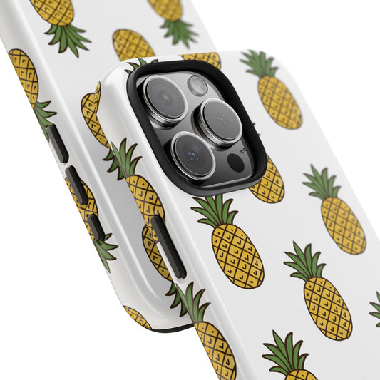 Angled close-up of Pineapple Pattern Phone Case highlighting the glossy finish and bold, full-color pineapple design.