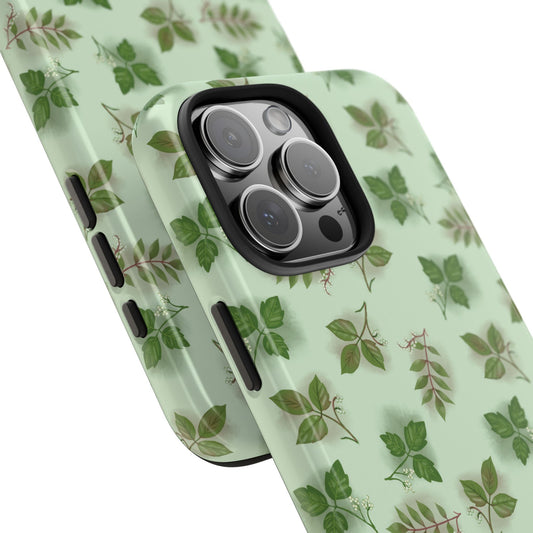 Angled close-up of Poison Plant Pattern Phone Case highlighting the glossy finish and botanical detail of poison ivy, sumac, and oak illustrations.