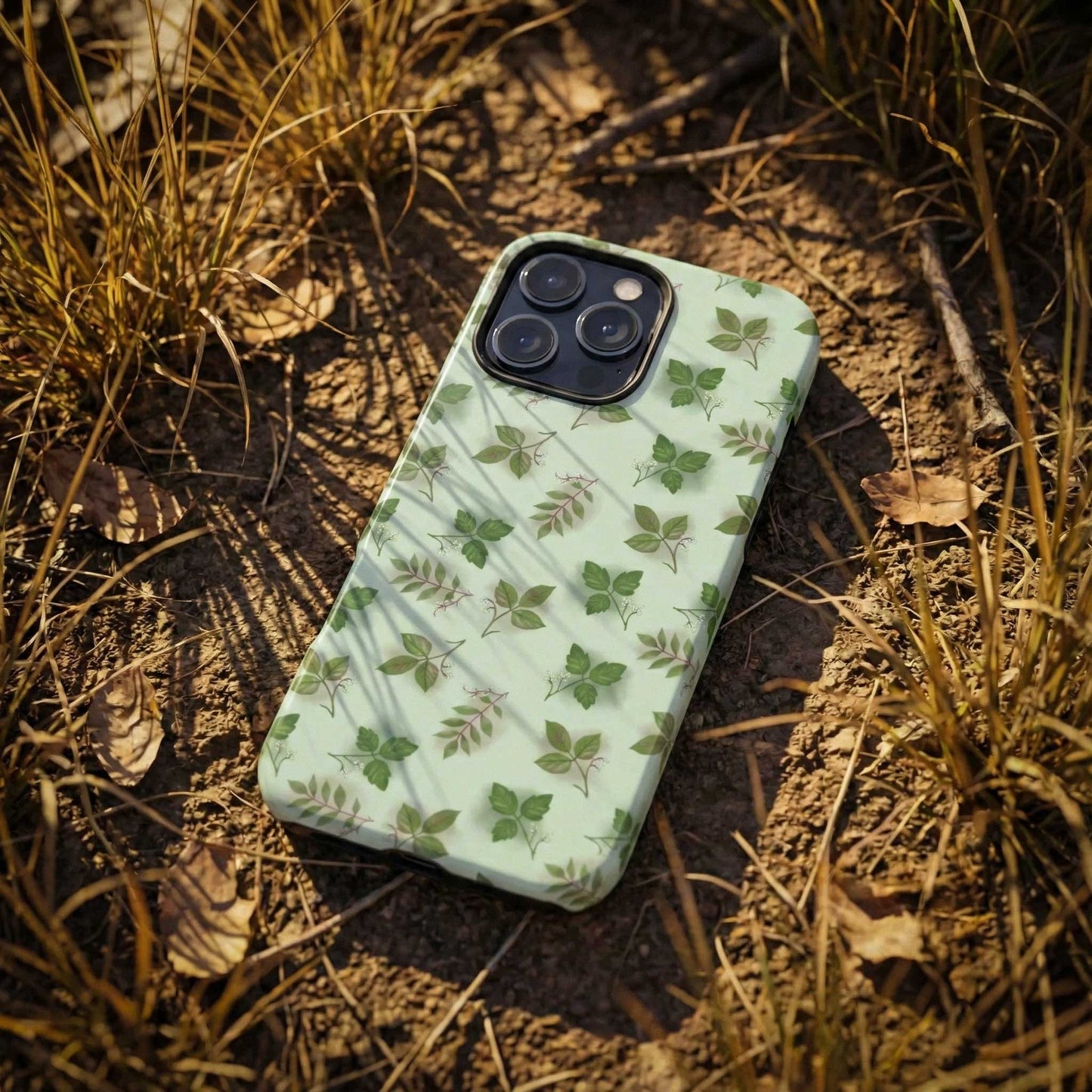 Phone case with  poisonous leaf pattern on a natural background