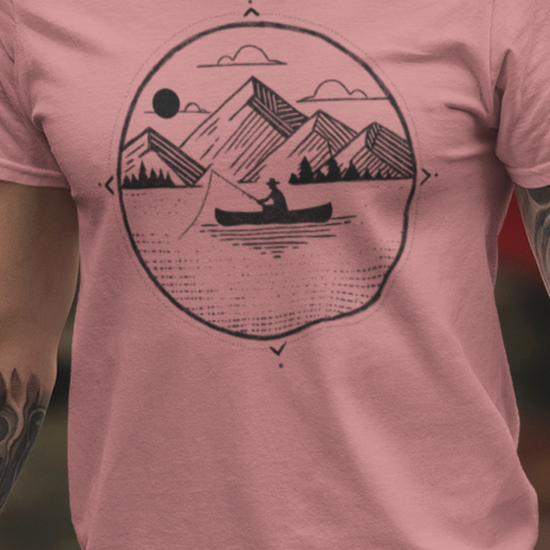 Fishing tee video showcasing the detail in the design of the geometric illustration with canoe on the water with fisherman in a mountain landscape.