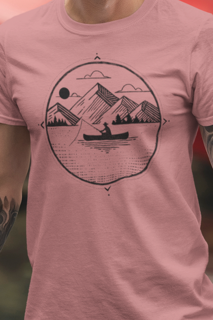 Fishing tee video showcasing the detail in the design of the geometric illustration with canoe on the water with fisherman in a mountain landscape.