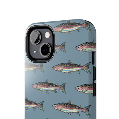 Front  close up view of illustrated rainbow trout durable phone case for anglers on a white background.
