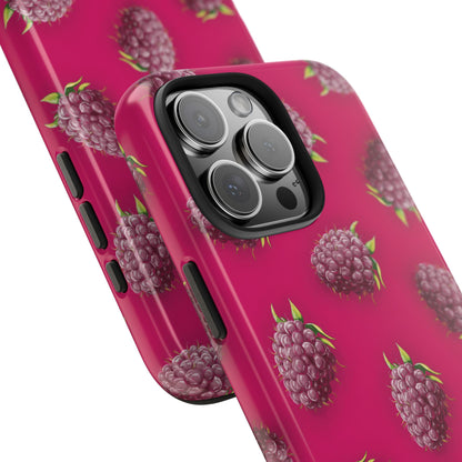 Angled close-up of Raspberry Pattern Phone Case highlighting the glossy finish and detailed fruit illustration.