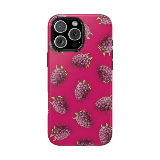Front view of Raspberry Pattern Phone Case on white background, featuring a vibrant illustrated raspberry design.