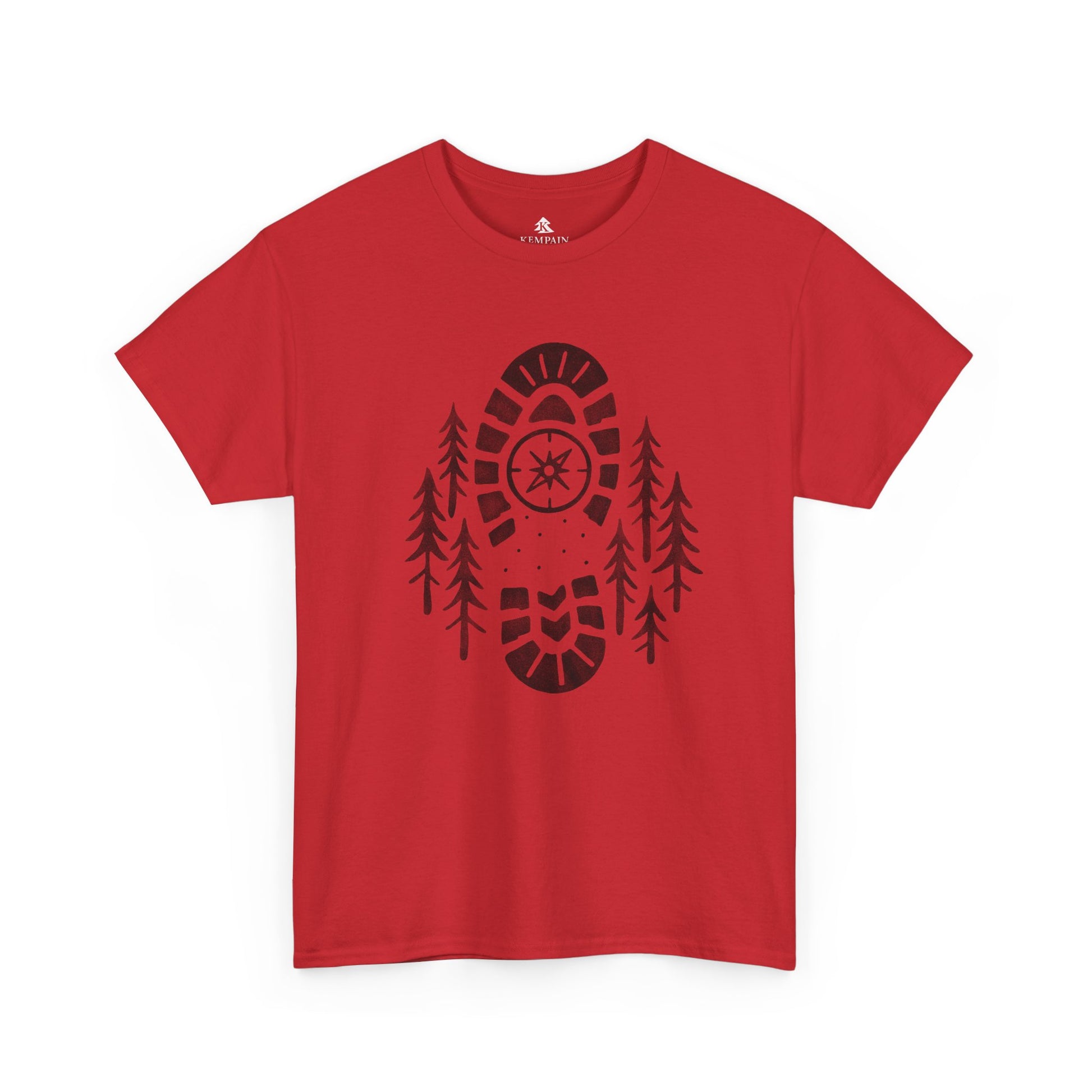 Red Boot Print Compass Forest T-Shirt worn by model in a pine forest setting, showcasing rugged hiking design for nature lovers.