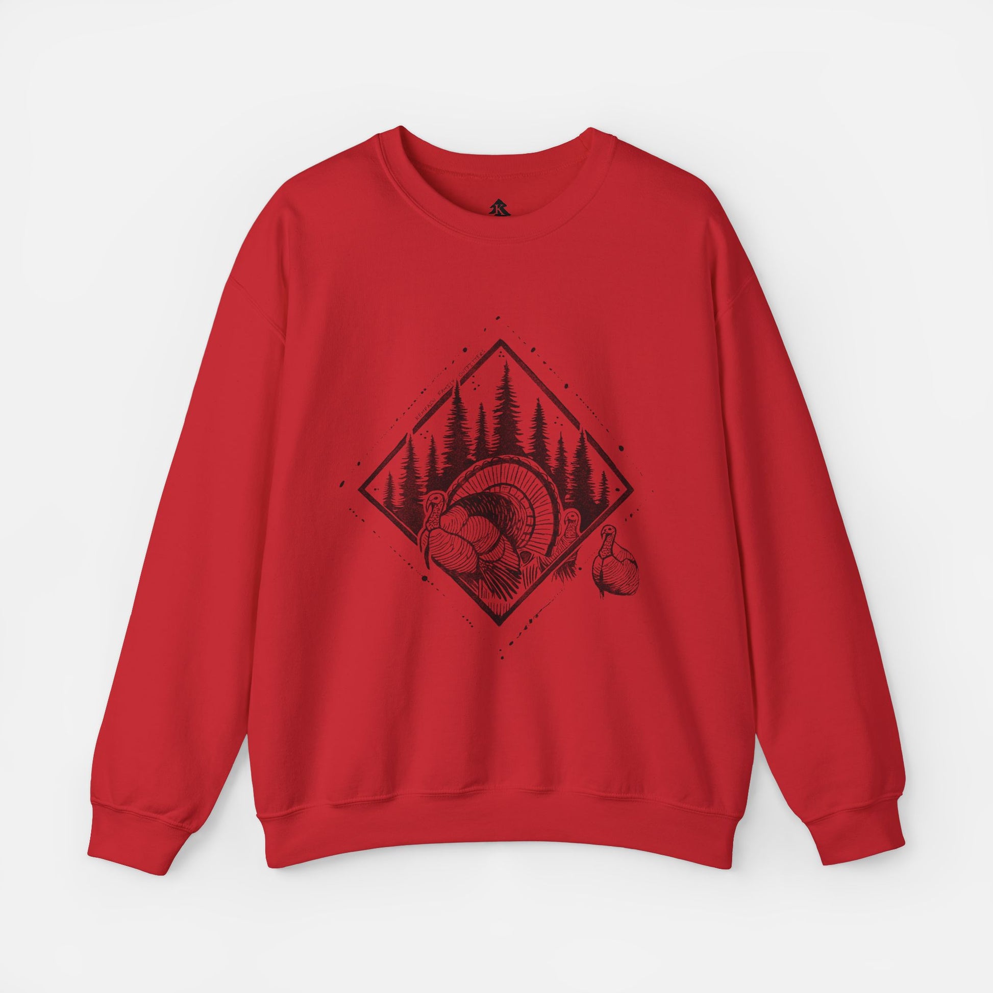 Red Echo of Timber Adult Crewneck displayed flat on a white background, showcasing its cozy fabric and rustic wildlife design.
