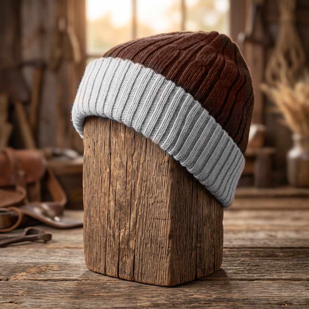 A ribbed knit beanie hat in dark brown and light gray, displayed on a rustic wooden block stand in a warm, blurred workshop setting.