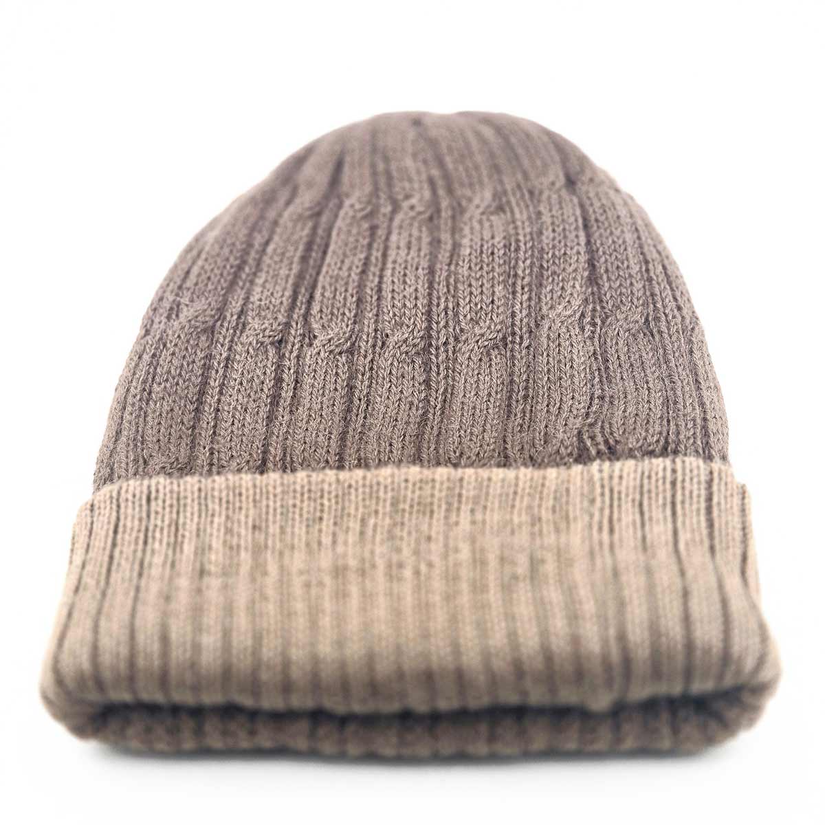 A brown and beige ribbed 100% alpaca knit beanie hat, shown folded against a plain white background.