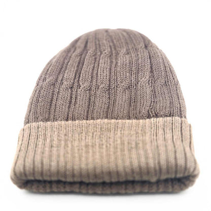 A brown and beige ribbed 100% alpaca knit beanie hat, shown folded against a plain white background.