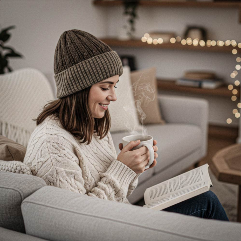 Woman in cozy sweater and 100% alpaca knit hat holding a steaming mug, sitting on a couch with a book, in a warm living room.