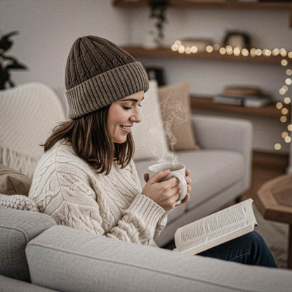 Woman in cozy sweater and 100% alpaca knit hat holding a steaming mug, sitting on a couch with a book, in a warm living room.