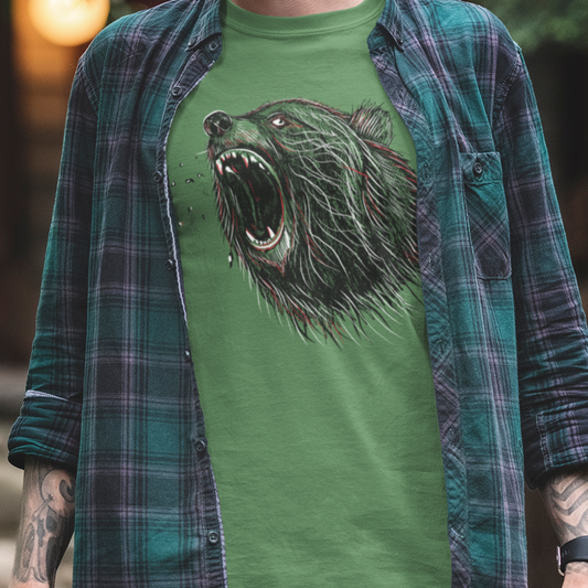 Model wearing green Roaring Bear Nature Graphic Tee, a unisex heavy cotton T-shirt for wildlife and outdoor enthusiasts.