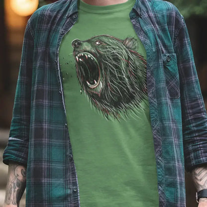 Model wearing green Roaring Bear Nature Graphic Tee, a unisex heavy cotton T-shirt for wildlife and outdoor enthusiasts.