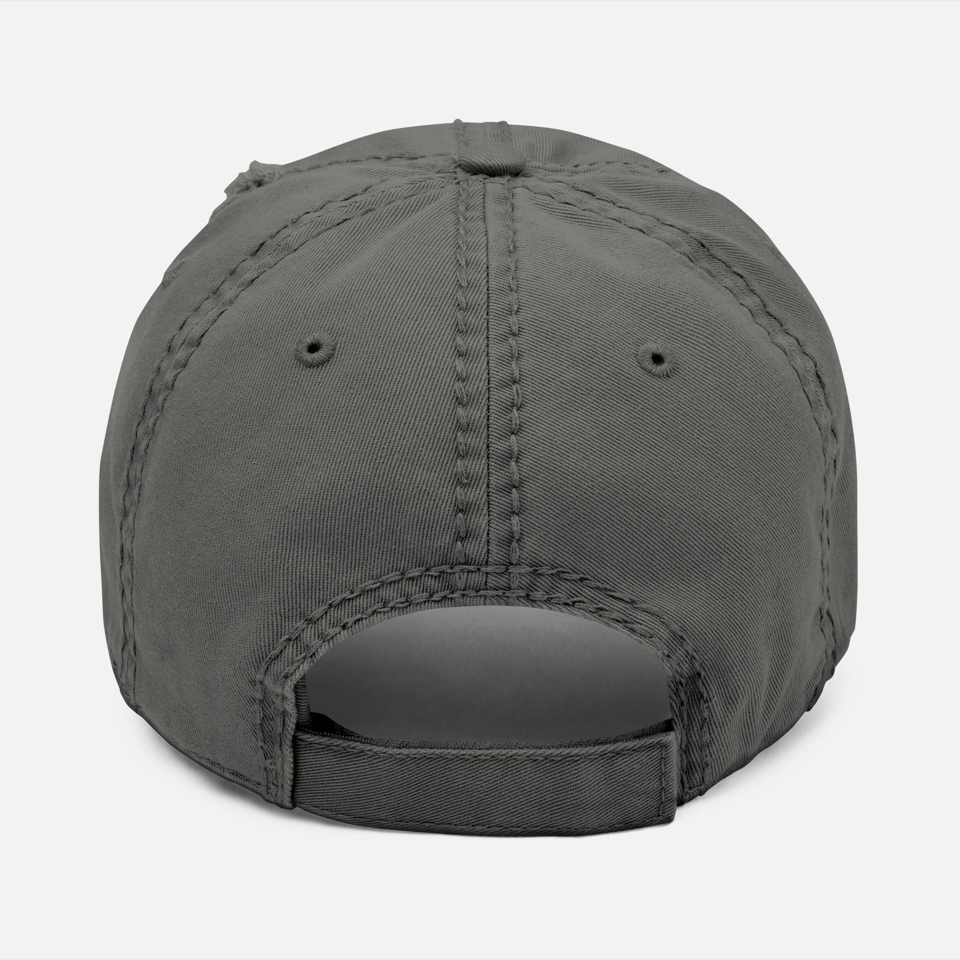 Back view of grey rustic-style dad hat with adjustable strap, showcasing classic unstructured fit for casual outdoor wear.