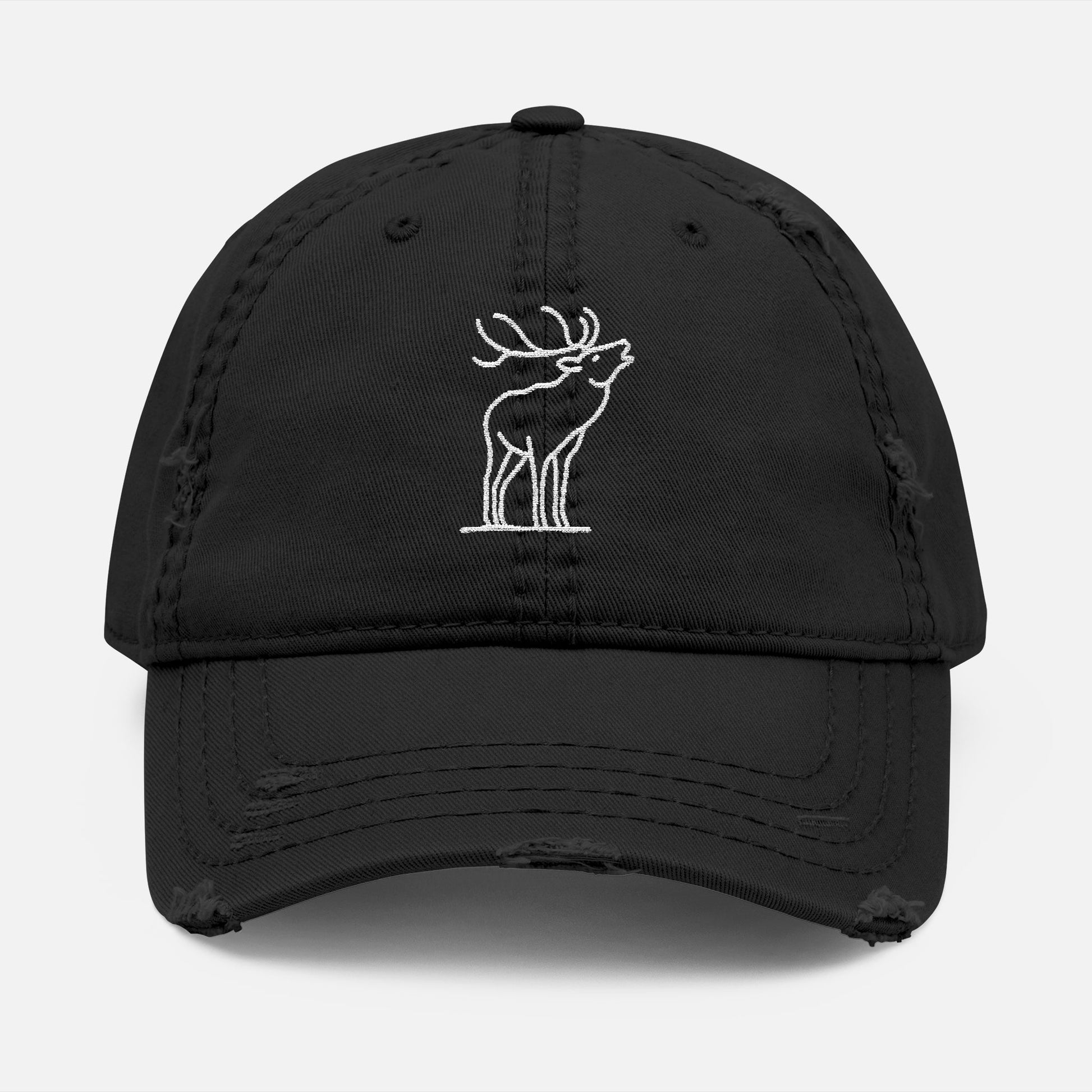 Front view of black cotton dad hat with embroidered line art elk mid-bugle, designed for outdoor enthusiasts and wildlife lovers.
