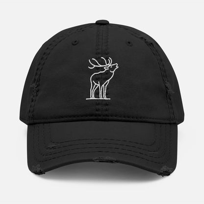 Front view of black cotton dad hat with embroidered line art elk mid-bugle, designed for outdoor enthusiasts and wildlife lovers.