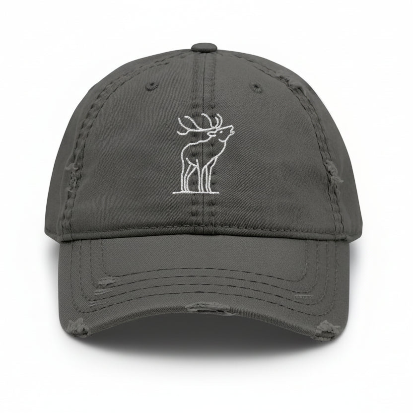 Front view of grey cotton dad hat with embroidered line art elk mid-bugle, designed for outdoor enthusiasts and wildlife lovers.