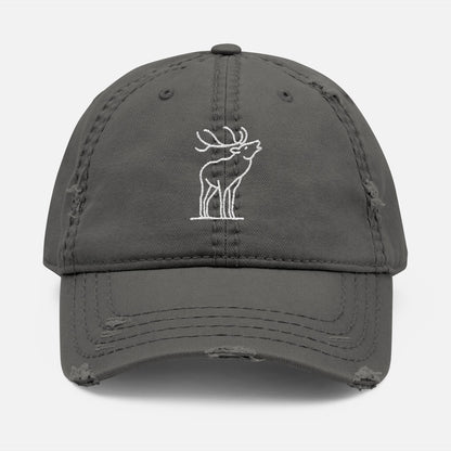 Front view of grey cotton dad hat with embroidered line art elk mid-bugle, designed for outdoor enthusiasts and wildlife lovers.