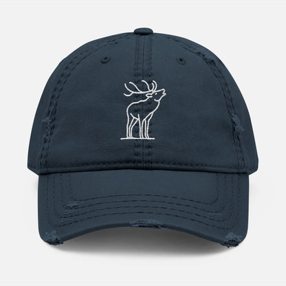 Front view of navy cotton dad hat with embroidered line art elk mid-bugle, designed for outdoor enthusiasts and wildlife lovers.