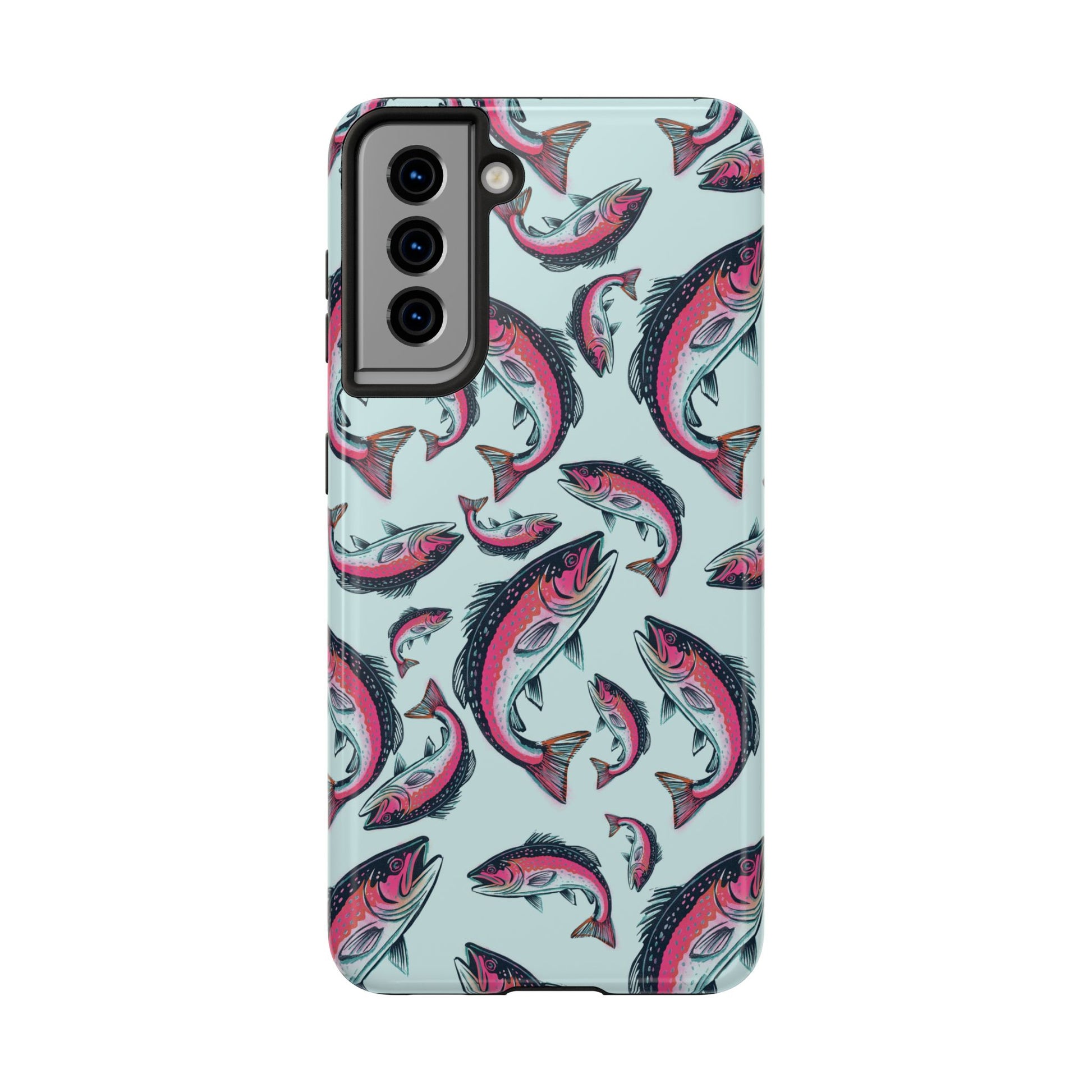 A colorful Rainbow Trout Pattern Samsung Galaxy S21 case showcasing an illustrated jumping trout by Jordan Kempain displayed on a white background.