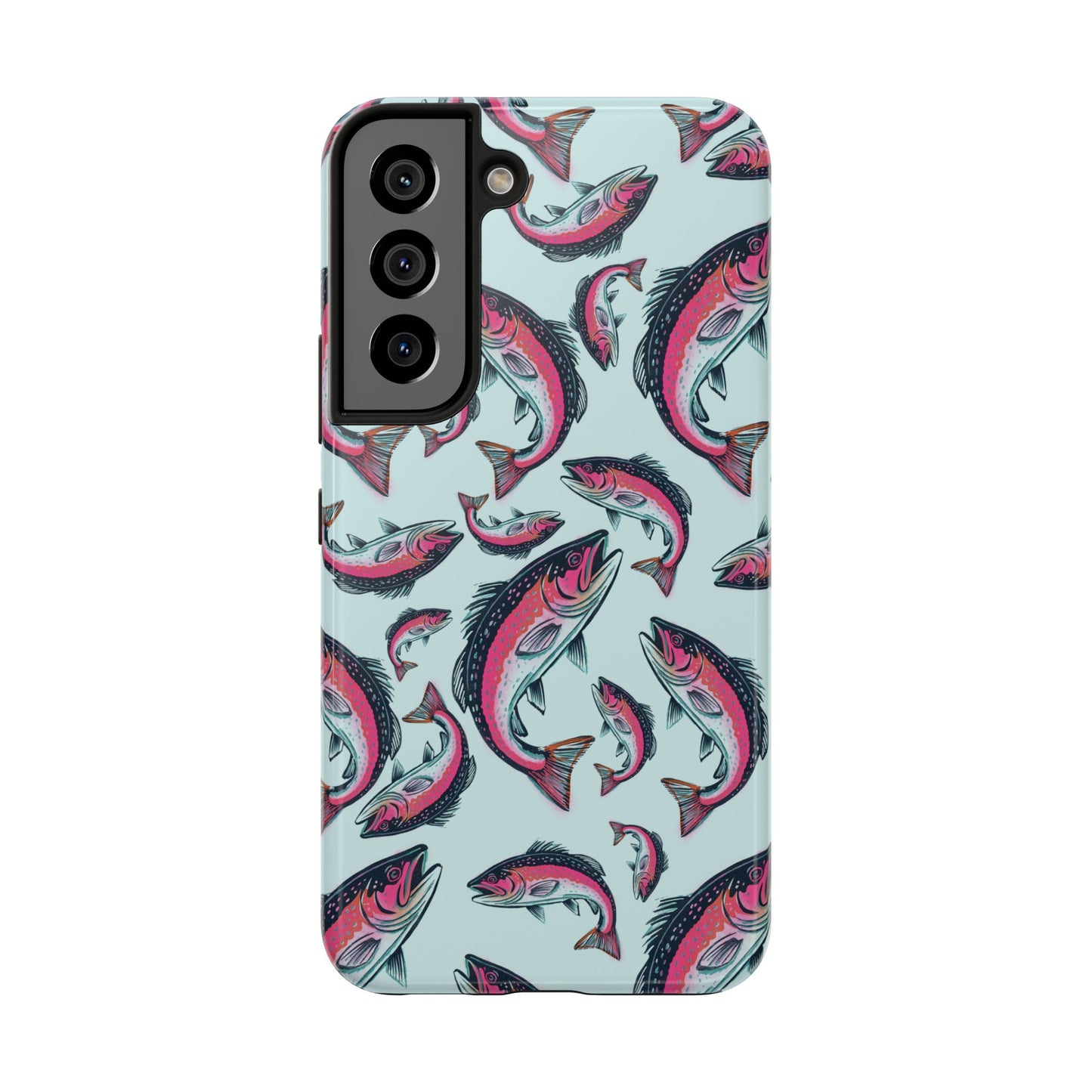 A colorful Rainbow Trout Pattern Samsung Galaxy S22 case showcasing an illustrated jumping trout by Jordan Kempain displayed on a white background.