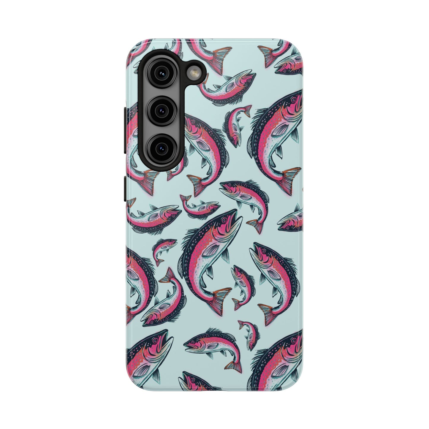 A colorful Rainbow Trout Pattern Samsung Galaxy S23 case showcasing an illustrated jumping trout by Jordan Kempain displayed on a white background.