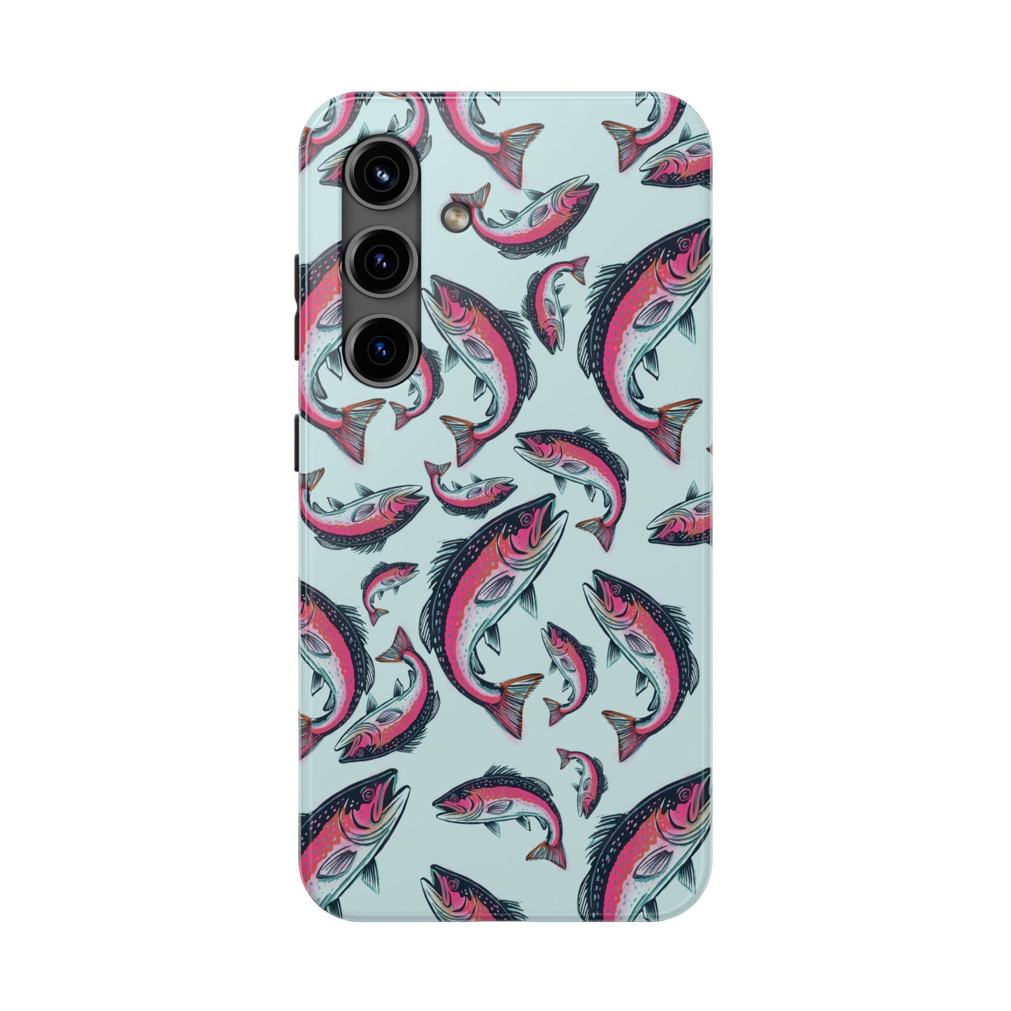 A colorful Rainbow Trout Pattern Samsung Galaxy S24 case showcasing an illustrated jumping trout by Jordan Kempain displayed on a white background.