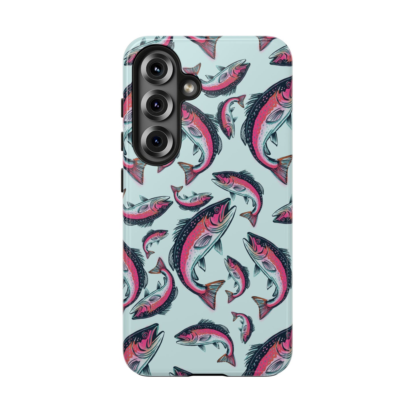 A colorful Rainbow Trout Pattern Samsung Galaxy S25 case showcasing an illustrated jumping trout by Jordan Kempain displayed on a white background.