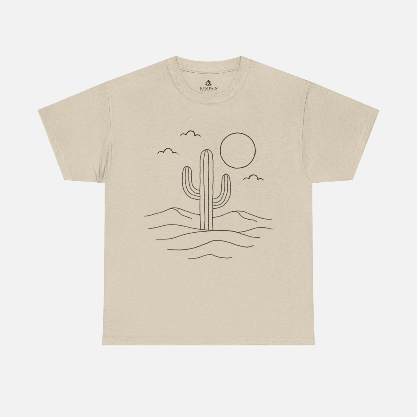 Sand Color Minimalist Desert Cactus Line Art T-Shirt displayed on white background, showing simple cactus, sun, and cloud illustration.