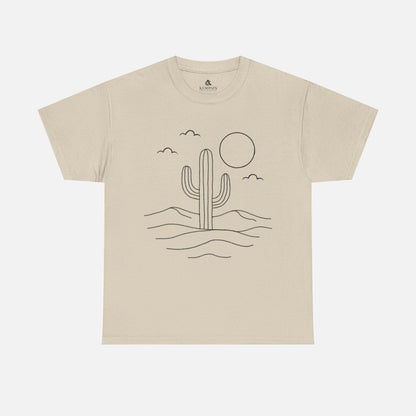 Sand Color Minimalist Desert Cactus Line Art T-Shirt displayed on white background, showing simple cactus, sun, and cloud illustration.