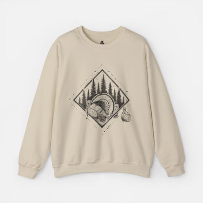 Sand Echo of Timber Adult Crewneck displayed flat on a white background, showcasing its cozy fabric and rustic wildlife design.