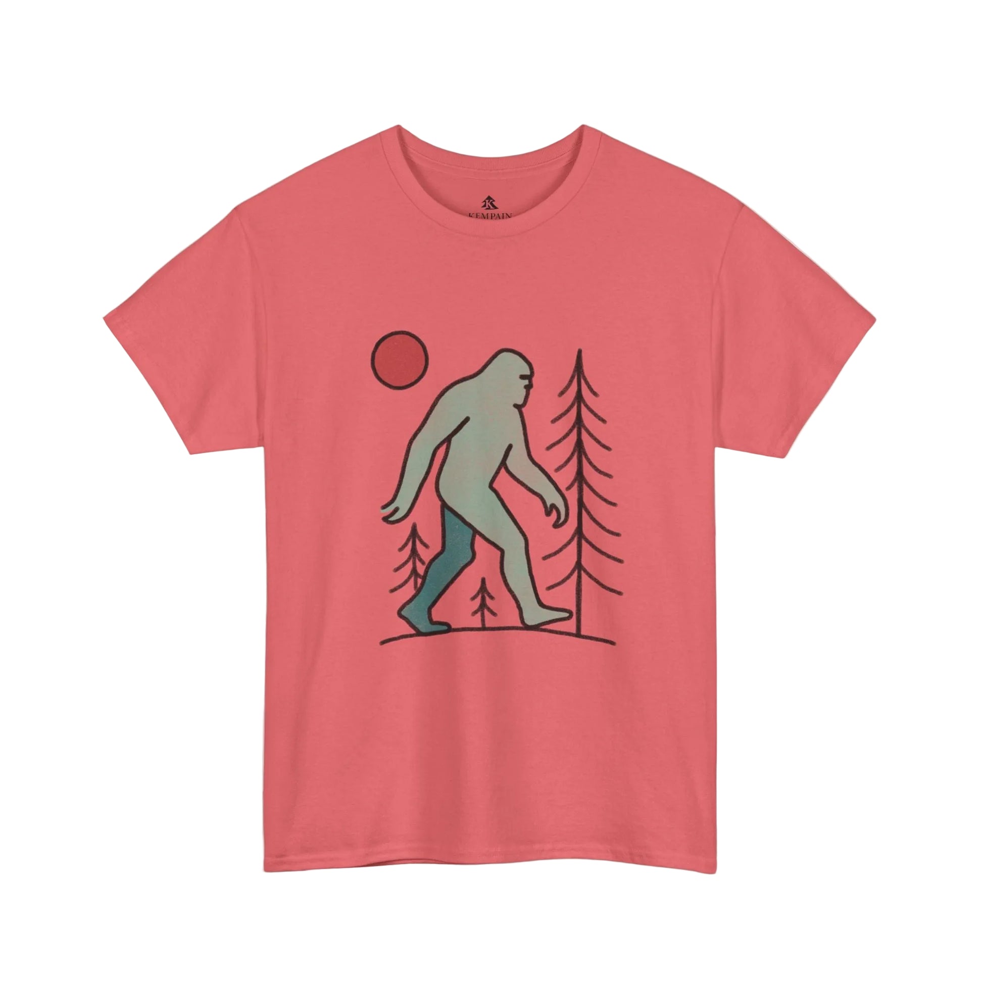 Flat lay of the Sasquatch Red Moon Forest Tee in coral silk color on a white background, featuring a minimalist line art design of Bigfoot walking through pine trees under a red moon