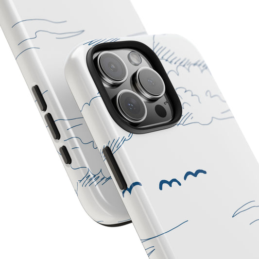 Close-up angled view of Set Adrift Phone Case highlighting the clean line art of the fishing boat and the high-gloss navy finish.