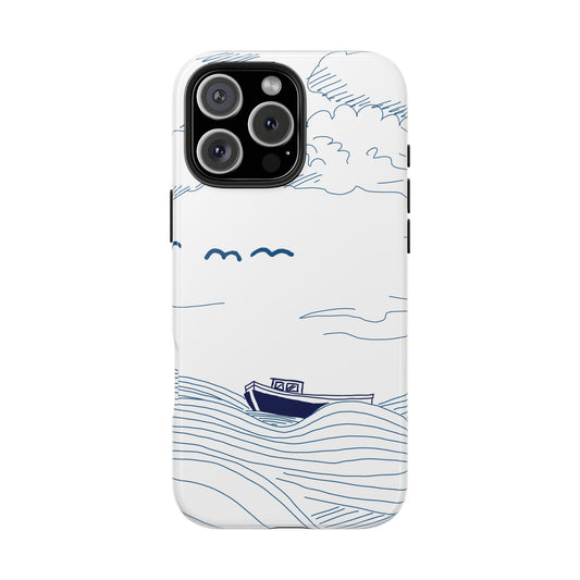 Front view of Set Adrift Phone Case on white background, featuring minimalist line art of a fishing boat on waves with birds in a textured navy and white design.