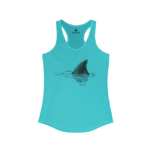A women's racerback tank top with shark fin illustration.
